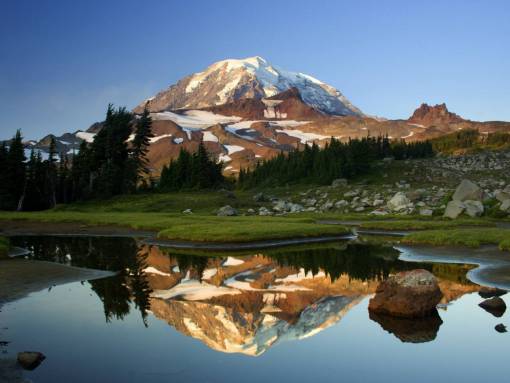 mountains  peaks  hills  snow  trees  grass  rocks
