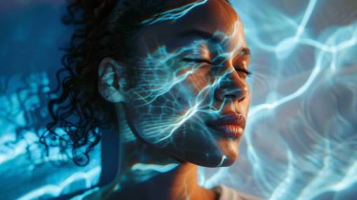 women adult futuristic science one person women woman;floating;reflection blue
