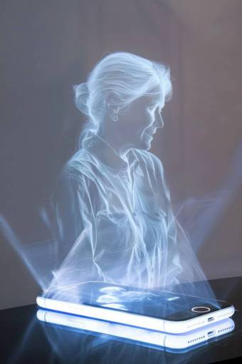 technology call;hologram;woman men women adult one person technology blue