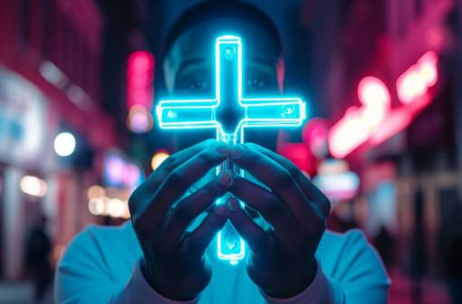 cat human hand illuminated christianity night man;cross;religion men religion