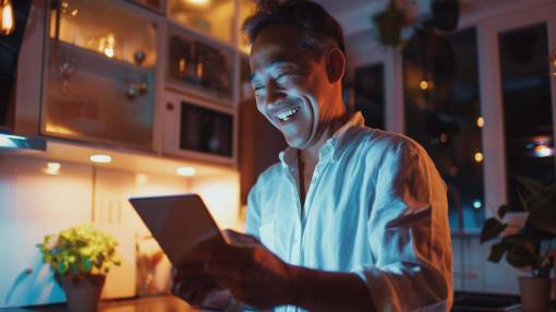 happy man;50 years old;smiling;tablet one person males night adult indoors men