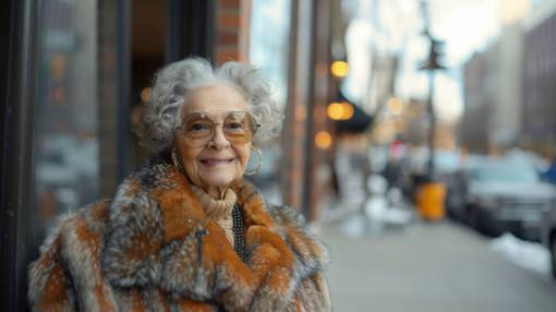 happy one person smiling women outdoors adult lifestyleselderly woman wearing fur coat posing on the street old woman;fur