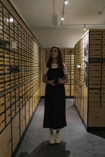 activities Woman entering her safe deposit box at the bank