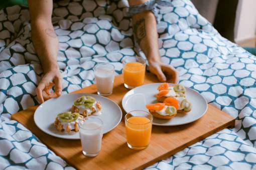 food  breakfast in bed  juice  glass  serve  preparation  people