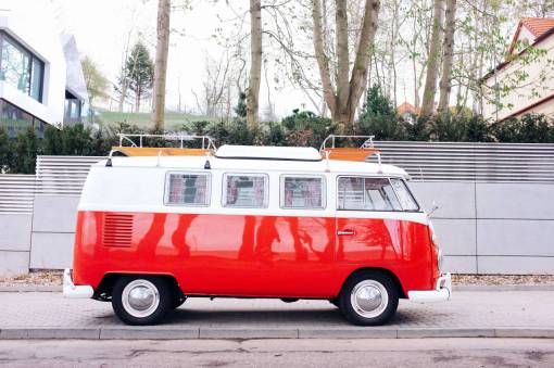 sidewalk red  van  volkswagen  hippie  bus  vintage  street