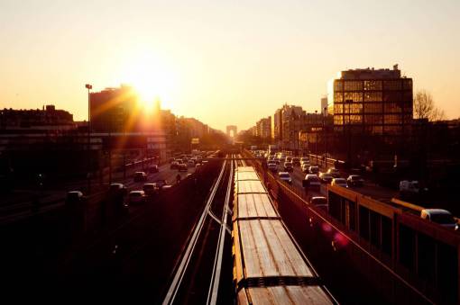 truck sunset  sky  buildings  train tracks  railroad  cars  trucks