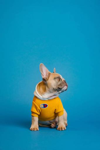 dog portrait of an adorable French bulldog wearing a sweatshirt