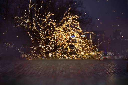 paisaje de invierno chrismas;fondo celebración árbol paisaje urbano decoración iluminada noche
