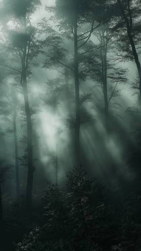 fondos de pantalla hd Niebla misteriosa que envuelve un bosque oscuro y misterioso.