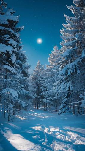 fondos de pantalla hd Bosque cubierto de nieve brillando bajo la luz de la luna