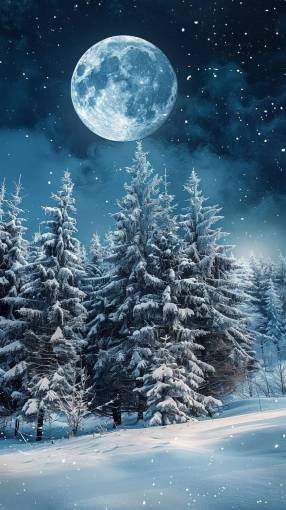 fondos de pantalla hd Bosque cubierto de nieve brillando bajo la luz de la luna