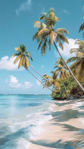 fondos de pantalla hd Tranquila escena de playa con palmeras meciéndose con la brisa