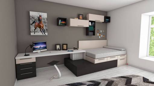 apartamento cama dormitorio estantería de libros libros alfombra silla