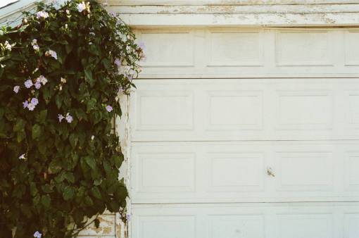 garage garage door  white  plant  flowers
