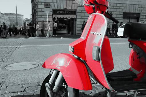 sidewalk red  vespa  scooter  moped  street  road  sidewalk