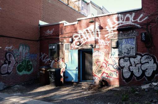 garbage graffiti  spray paint  bricks  back door  alley  trash can  garbage