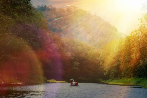 lush nature  landscape  mountains  river  stream  water  boat