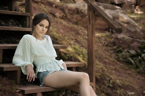 shorts woman  pose  steps  wood  log  cabin  female