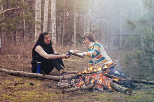 camping-gear women  girls  talking  smile  happy  friends  sitting