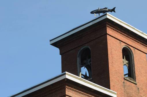 brick  mill  building  tower  weathervane  roof  sky
