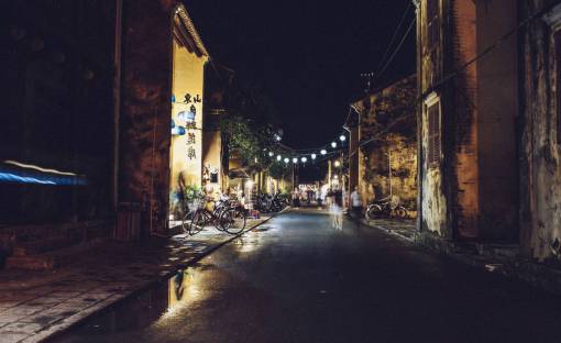 puddle dark  night  asian  town  bike  bicycle  road