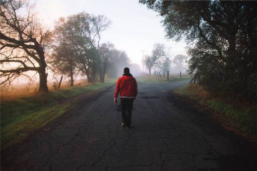 pavimento chico hombre chaqueta capucha roja hierba rural
