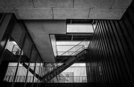 staircase stairs  staircase  railings  interior design  ceiling  walls  black and white
