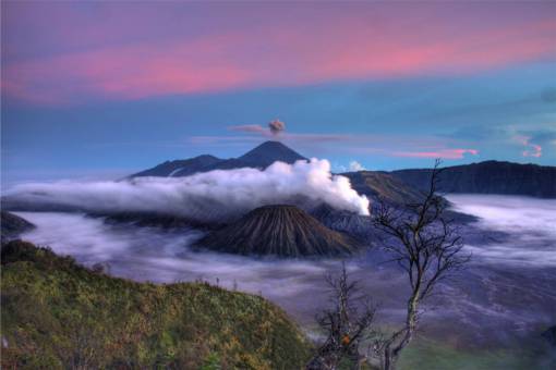 volcano volcanoes  smoke  clouds  purple  blue  sky  landscape