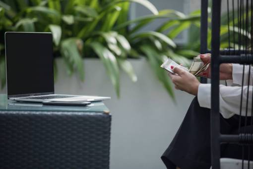inalambrico mujer de negocios, computadora portátil, sentado, dinero, negocio, red