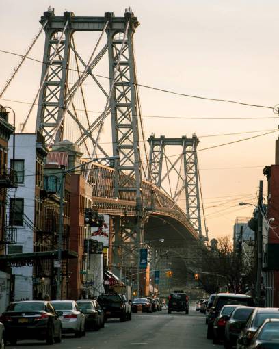city  street  bridge  dusk  cars  traffic  transport