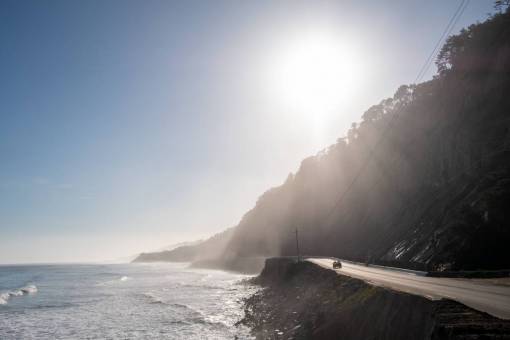 west coast  cliffs  water  road  car  sun  travel