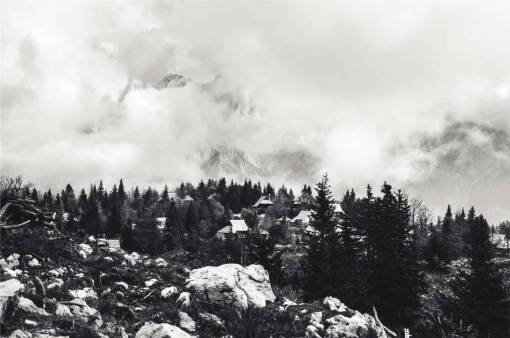 boulders landscape  houses  rocks  boulders  trees  mountains  clouds