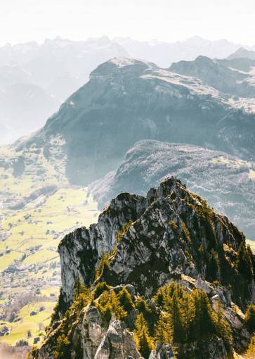 lush nature  landscape  mountains  slope  summit  peaks  trees