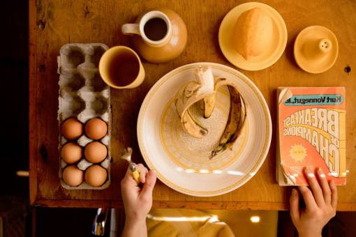 banana-dish-fruit people  hands  fork  food  dining  eat  eggs