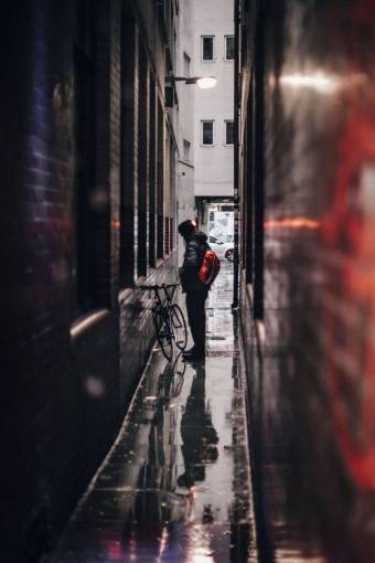 people  man  alone  alley  sad  rain  bicycle