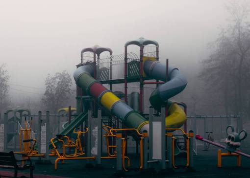 playground  play structure  park  slides  fun  grey  fog