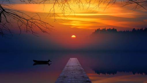 quiet river  lake  boat  quiet  sunset  orange  trees