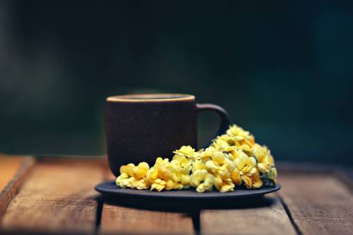 coffee  plate  flowers  yellow  wood  table  outdoors