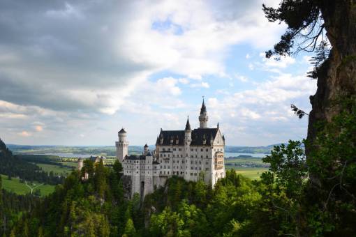 lush neuschwanstein  castle  landscape  trees  leaves  clouds  terrain