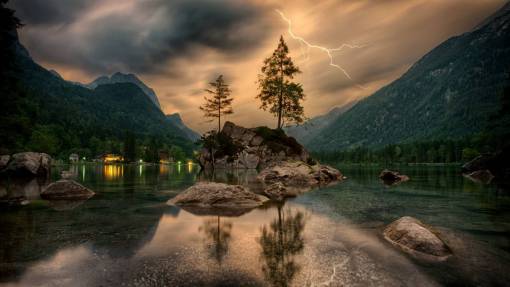 baviera árboles paisaje lago reflexión tormenta eléctrica relámpago montañas
