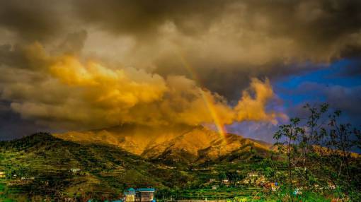 landscape  dark  sky  clouds  mountain  rainbow  houses