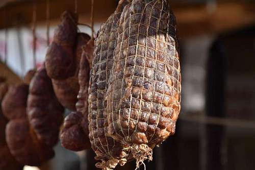 sausage hanging dry meat homemade pork sausage market traditional wood beef  cholesterol organic