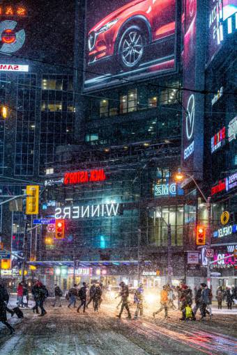 crowd-of-people night car famous place cityscape toronto;night;City Life;Street crossing illuminated city life