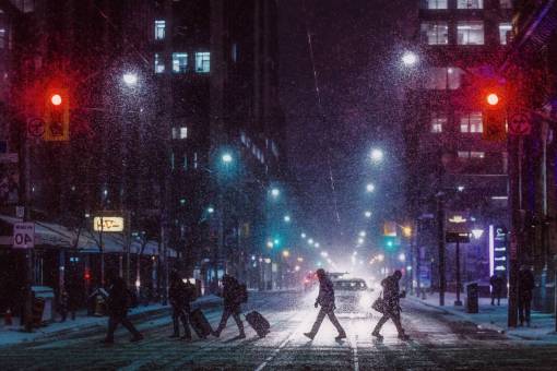invierno Noche iluminada al aire libre Toronto;noche;City Life;Street Crossing Winter City Life Snow