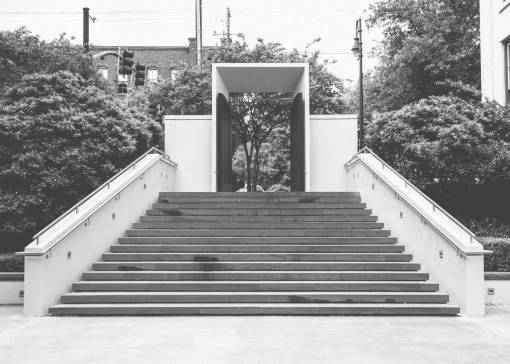 entrada Pasos barandilla puerta entrada ciudad árboles en blanco y negro