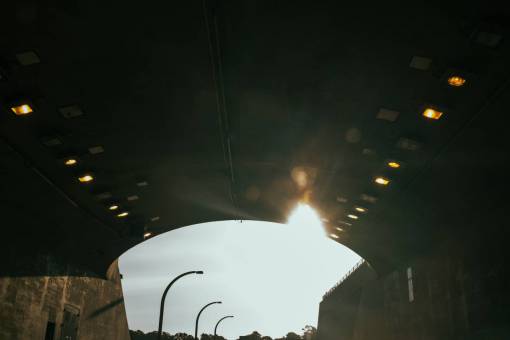 elevator tunnel  road  overpass  road  lamp posts  lights
