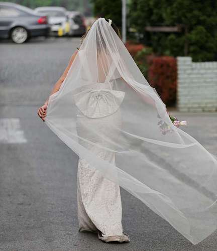 veil veil happiness bride enjoyment bouquet parking lot woman