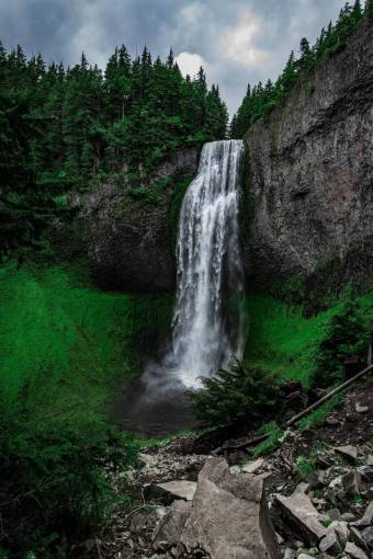 cascade waterfalls  green  grass  hill  trees  water  stream
