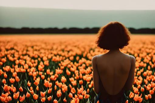 rear-view outdoors flower woman;tulip field women nature adult summer