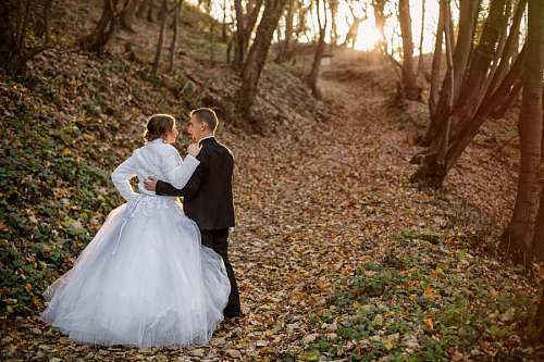 newlywed forest marriage newlyweds groom walking autumn path season bride engagement